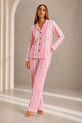 Kadın Önden Düğmeli Uzun Kollu Alt Üst Pembe Pijama Takımı - 1