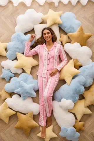 Kadın Önden Düğmeli Uzun Kollu Alt Üst Pembe Pijama Takımı - 3
