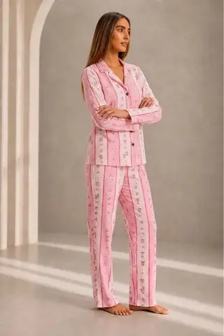 Kadın Önden Düğmeli Uzun Kollu Alt Üst Pembe Pijama Takımı - 4