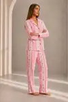 Kadın Önden Düğmeli Uzun Kollu Alt Üst Pembe Pijama Takımı - Görsel 4