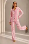 Kadın Önden Düğmeli Uzun Kollu Alt Üst Pembe Pijama Takımı - Görsel 5