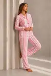 Kadın Önden Düğmeli Uzun Kollu Alt Üst Pembe Pijama Takımı - Görsel 6