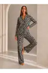 Kadın Önden Düğmeli Uzun Kollu Alt Üst Leopar Pijama Takımı - Görsel 5