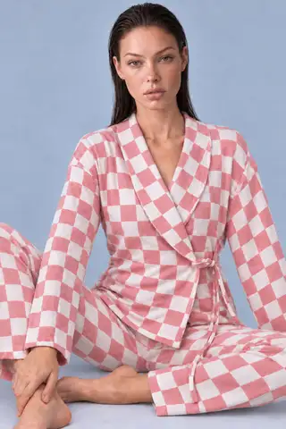 Kadın Kruvaze Yaka Kareli Beli Kuşaklı Pembe Pijama Takımı 4785 - 2