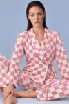Kadın Kruvaze Yaka Kareli Beli Kuşaklı Pembe Pijama Takımı 4785 - Görsel 2
