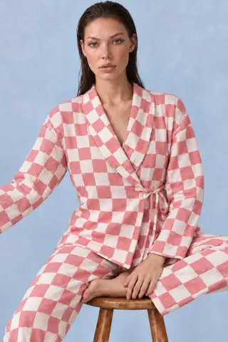 Kadın Kruvaze Yaka Kareli Beli Kuşaklı Pembe Pijama Takımı 4785 - 3