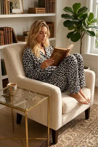 Kadın Desenli Düğmeli Uzun Kollu Leopar Pijama Takımı - 2