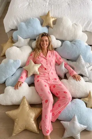 Kadın Gömlek Yaka Uzun Kollu Pembe Pijama Takımı - 2