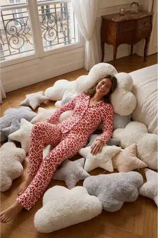 Kadın Gömlek Yakalı Rahat Ev Giyimi Kırmızı Pijama Takımı - 3