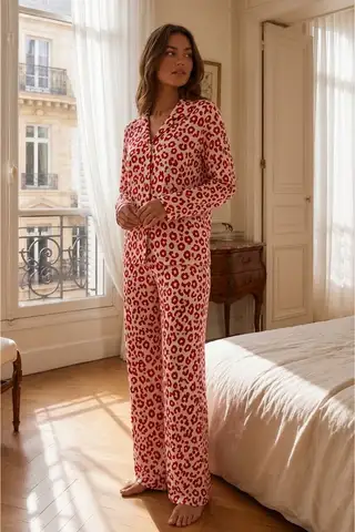 Kadın Gömlek Yakalı Rahat Ev Giyimi Kırmızı Pijama Takımı - 4