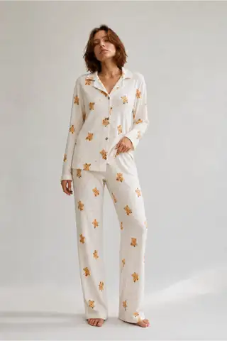 Kadın Gömlek Yaka Düğmeli Gece Giyimi Beyaz Pijama Takımı - 1