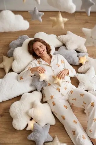 Kadın Gömlek Yaka Düğmeli Gece Giyimi Beyaz Pijama Takımı - 3