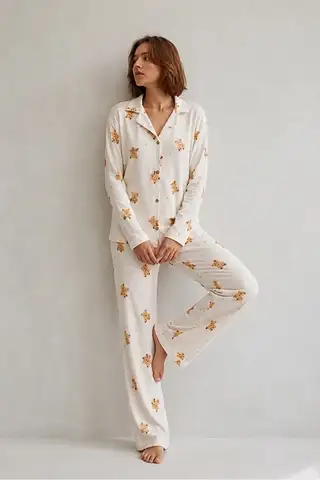 Kadın Gömlek Yaka Düğmeli Gece Giyimi Beyaz Pijama Takımı - 5