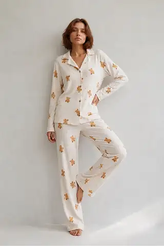 Kadın Gömlek Yaka Düğmeli Gece Giyimi Beyaz Pijama Takımı - 6