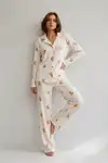 Kadın Gömlek Yaka Düğmeli Gece Giyimi Beyaz Pijama Takımı - Görsel 6