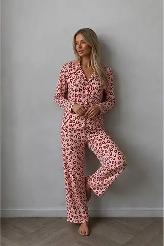 Kadın Düğmeli Uzun Uyku ve Kırmızı Pijama Takımı - 5