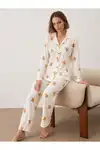 Kadın Gömlek Yakalı Uzun Kollu Beyaz Pijama Seti - Görsel 1