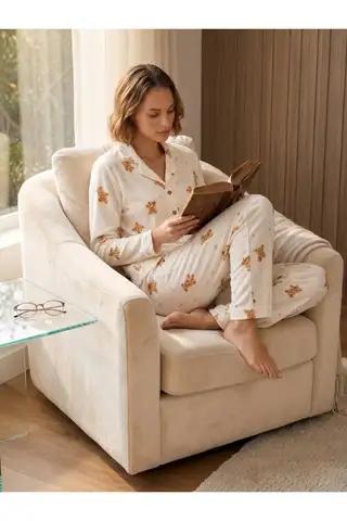 Kadın Gömlek Yakalı Uzun Kollu Beyaz Pijama Seti - 2