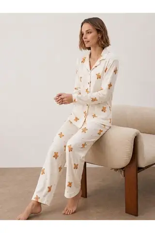 Kadın Gömlek Yakalı Uzun Kollu Beyaz Pijama Seti - 4