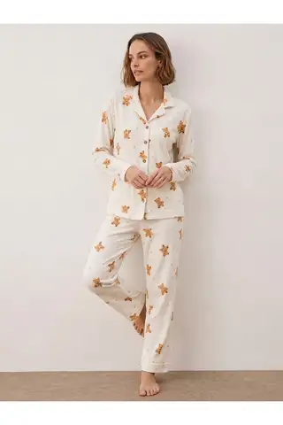 Kadın Gömlek Yakalı Uzun Kollu Beyaz Pijama Seti - 5