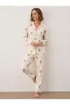 Kadın Gömlek Yakalı Uzun Kollu Beyaz Pijama Seti - Görsel 5