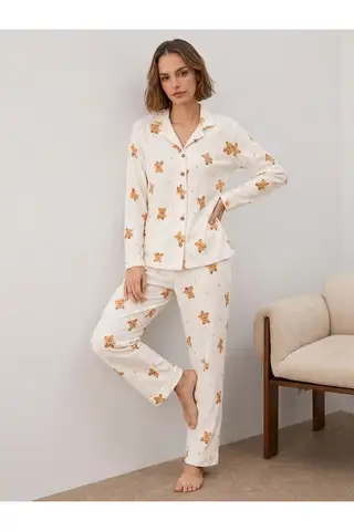 Kadın Gömlek Yakalı Uzun Kollu Beyaz Pijama Seti - 6