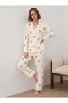 Kadın Gömlek Yakalı Uzun Kollu Beyaz Pijama Seti - Görsel 6