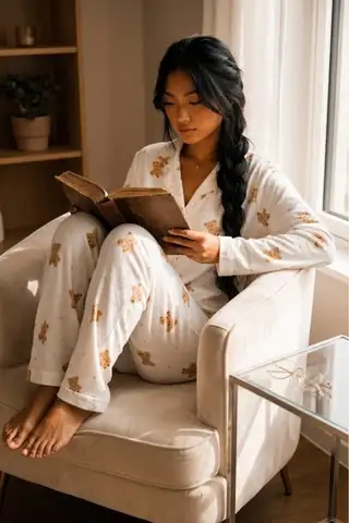 Kadın Düğmeli Gömlek Yaka Ev Giyimi Beyaz Pijama Takımı - 2