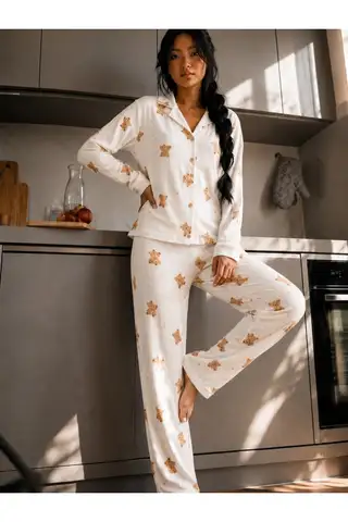 Kadın Düğmeli Gömlek Yaka Ev Giyimi Beyaz Pijama Takımı - 4