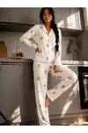 Kadın Düğmeli Gömlek Yaka Ev Giyimi Beyaz Pijama Takımı - Görsel 4
