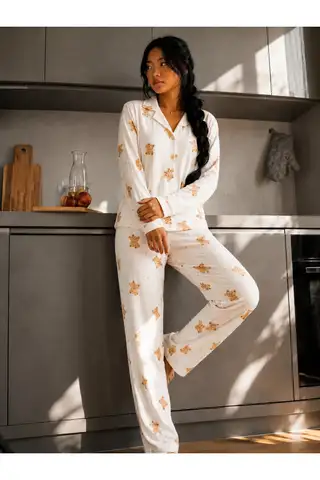 Kadın Düğmeli Gömlek Yaka Ev Giyimi Beyaz Pijama Takımı - 5