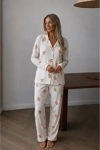 Kadın Düğmeli Uzun Uyku ve Beyaz Pijama Takımı - 4