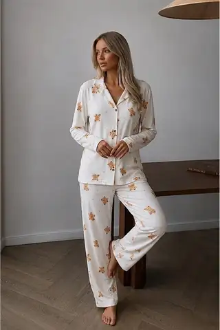 Kadın Düğmeli Uzun Uyku ve Beyaz Pijama Takımı - 5