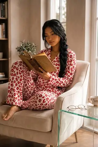 Kadın Düğmeli Gömlek Yaka Ev Giyimi Kırmızı Pijama Takımı - 2