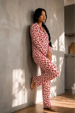 Kadın Düğmeli Gömlek Yaka Ev Giyimi Kırmızı Pijama Takımı - 5