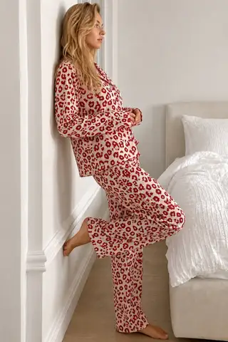 Kadın Gömlek Yaka Düğmeli Kırmızı Pijama Takımı - 6