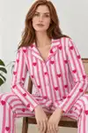 Kadın Uzun Kollu Gömlek Yaka Pembe Çizgili Kalpli Pijama Takımı 4770 - Görsel 1