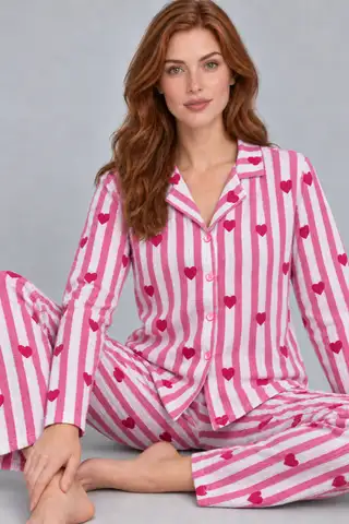Kadın Uzun Kollu Gömlek Yaka Pembe Çizgili Kalpli Pijama Takımı 4770 - 2