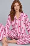 Kadın Uzun Kollu Gömlek Yaka Pembe Çizgili Kalpli Pijama Takımı 4770 - Görsel 2