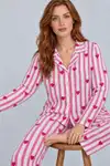 Kadın Uzun Kollu Gömlek Yaka Pembe Çizgili Kalpli Pijama Takımı 4770 - Görsel 4
