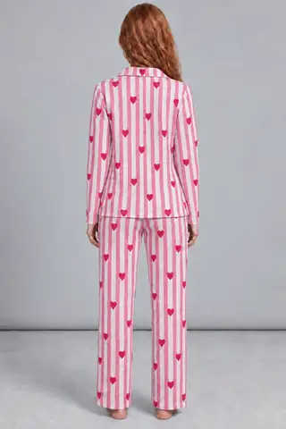 Kadın Uzun Kollu Gömlek Yaka Pembe Çizgili Kalpli Pijama Takımı 4770 - 5