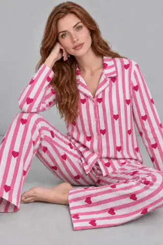 Kadın Uzun Kollu Gömlek Yaka Pembe Çizgili Kalpli Pijama Takımı 4770 - 6