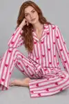 Kadın Uzun Kollu Gömlek Yaka Pembe Çizgili Kalpli Pijama Takımı 4770 - Görsel 6