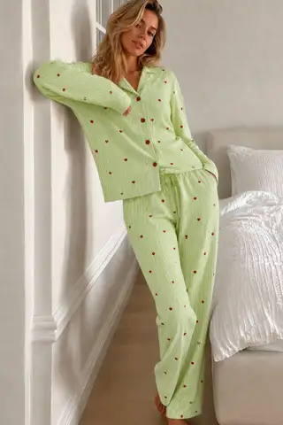 Kadın Puantiyeli Uzun Kollu Düğmeli Yeşil Pijama Takımı - 1