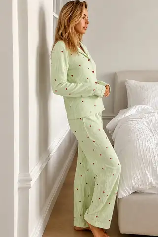 Kadın Puantiyeli Uzun Kollu Düğmeli Yeşil Pijama Takımı - 2