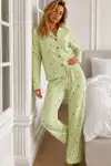 Kadın Puantiyeli Uzun Kollu Düğmeli Yeşil Pijama Takımı - Görsel 3