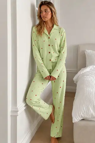 Kadın Puantiyeli Uzun Kollu Düğmeli Yeşil Pijama Takımı - 4