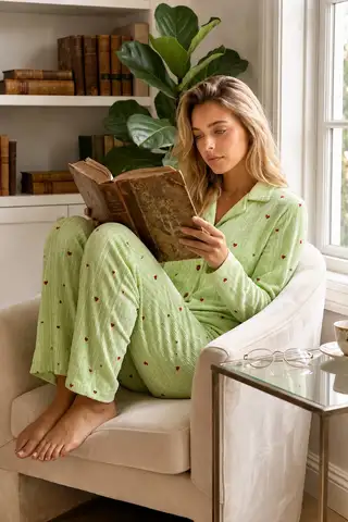 Kadın Puantiyeli Uzun Kollu Düğmeli Yeşil Pijama Takımı - 5