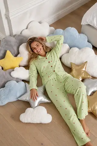 Kadın Puantiyeli Uzun Kollu Düğmeli Yeşil Pijama Takımı - 6