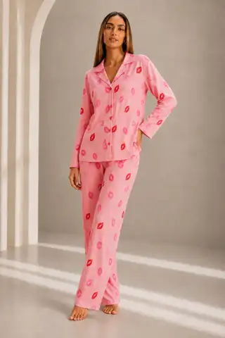 Kadın Önden Düğmeli Uzun Kollu Pembe Pijama Takımı - 1